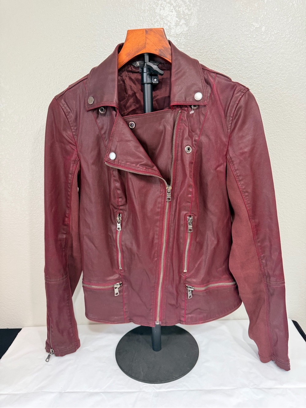 A|X Armani Exchange Burgundy Moto Jacket Women’s M Coated Cotton Biker